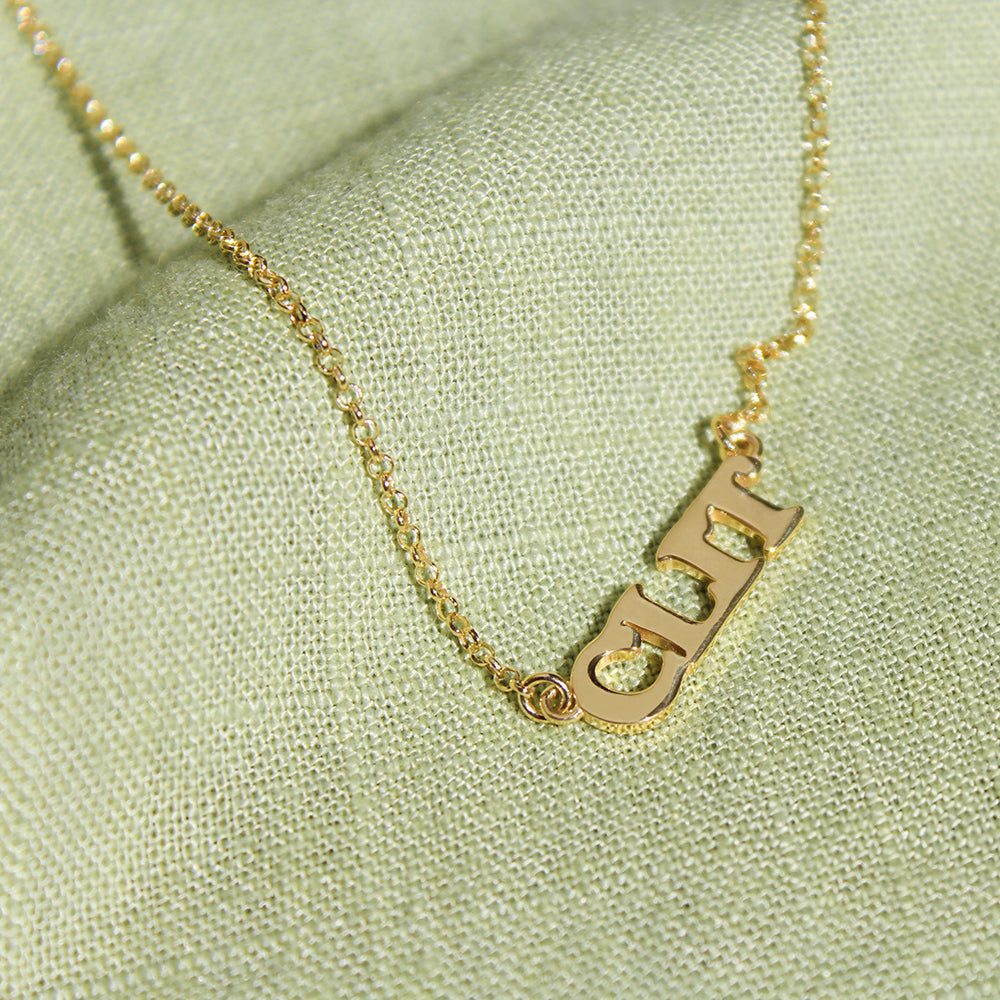 Clit Silver Necklace Gold Plated Made in Italy. Green fabric background.